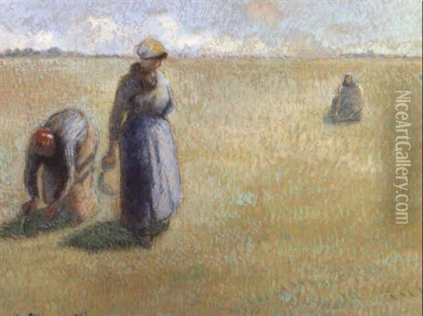 Trois Femmes Cueillant De L'herbe Oil Painting - Camille Pissarro