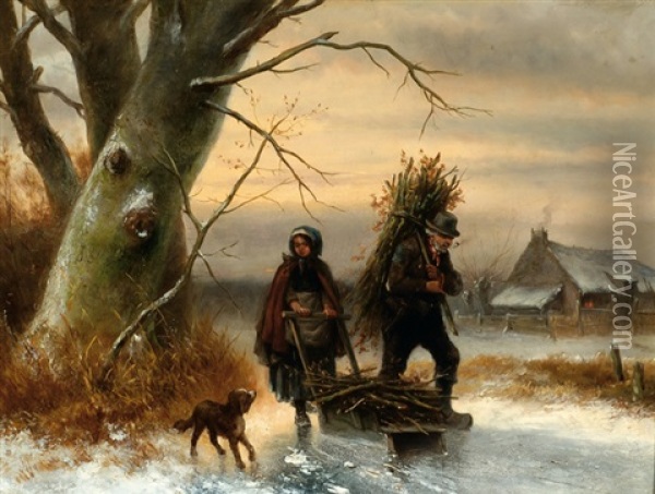 Figures With A Dog On The Ice Oil Painting - Jan Geerard Smits