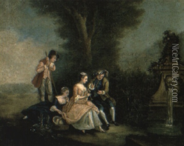 Elegant Company Making Music Near A Fountain Oil Painting - Jean-Baptiste Pater