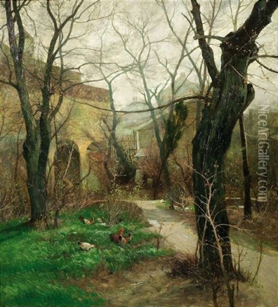 Herbstlicher Kirchgarten Mit Huhnern Oil Painting - Adolf Kaufmann