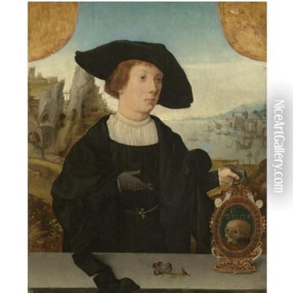 Portrait Of A Young Man, Behind A Ledge, With A Landscape Beyond, In A Black Hat, Holding A Memento Mori Oil Painting - Jan (Joannes Sinapius) Mostaert