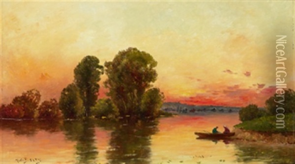 Abenddammerung Am See Mit Boot Oil Painting - Hippolyte Camille Delpy