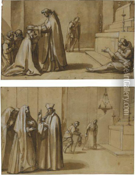 Two Episodes From The Life Of St Francis De Paula: A Prince Attended By Two Pages Kneeling While Being Crowned By The Saint Oil Painting - Vicente Carducho