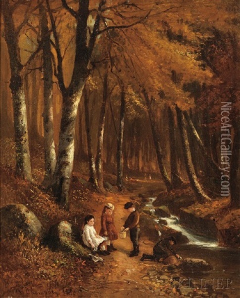 Children By A Forest Stream, Autumn Oil Painting - Benjamin Champney