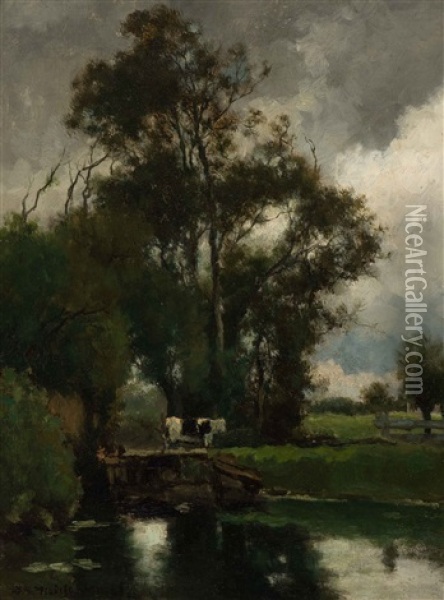 Dutch Polder Landscape With A Cow By The Water Oil Painting - Jan Hendrik Weissenbruch