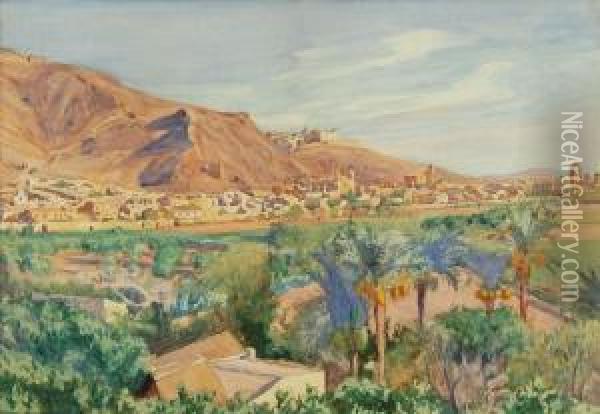 Orihuelia From A Distance A 
Southwestern View Of A Village With Palm Trees In Foreground And Distant
 Mountains. Oil Painting - Dodge Macknight