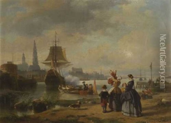 Im Hafen Von Antwerpen Begrusen Frauen Und Kinder Die Heimkehrenden Oil Painting - Jean (Jan) Michael Ruyten