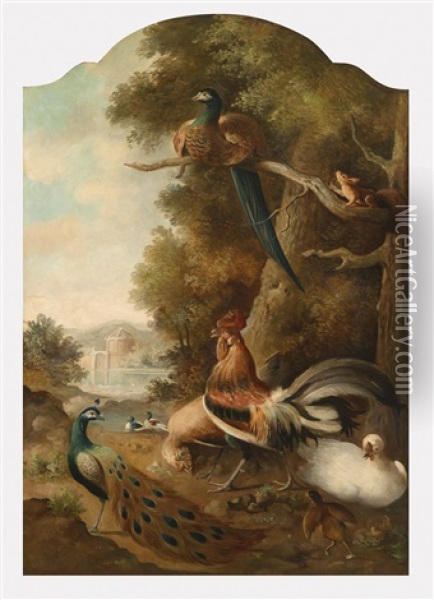 Ein Jagdstillleben Beziehungsweise Ein Geflugelbild Mit Pfau, Hahn Und Fasan Vor Landschaftshintergrund (2 Works) Oil Painting - Melchior de Hondecoeter