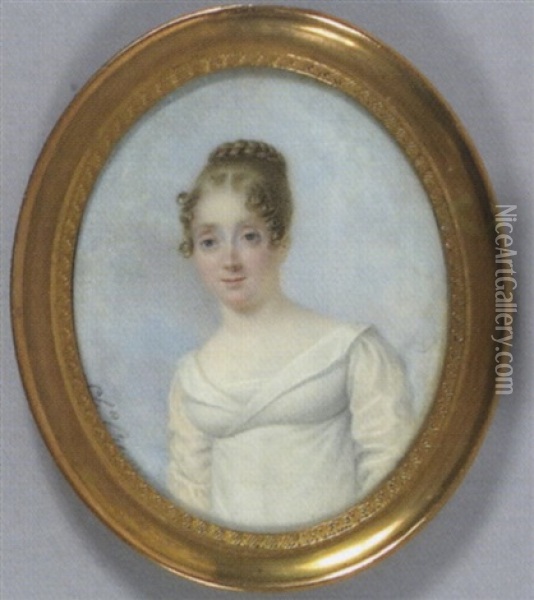 Portrait De Femme En Robe De Soie Blanche Et Coiffee De Tresse, Fond De Ciel Nuageux Oil Painting - Charles Antoine Claude Berny d'Ouville