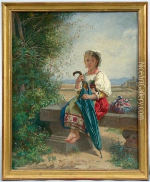 Jeune Italienne Au Parapluie Assise Sur Un Banc De Pierre Oil Painting - German von Bohn