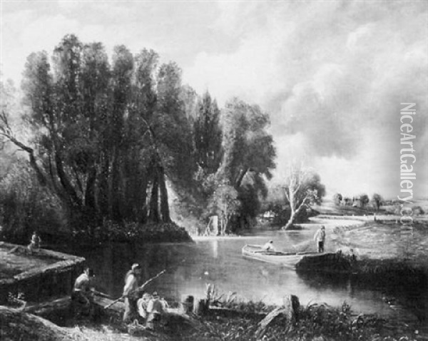 River Landscape With Fishermen And Work Boat Oil Painting - Thomas Creswick