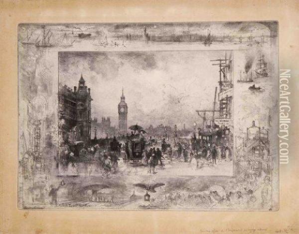 Westminster Bridge, Ou Westminster Clock Tower Oil Painting - Felix-Hilaire Buhot