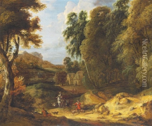 A Hunting Party In A Wooded Landscape Oil Painting - Adriaen Frans Boudewyns the Elder