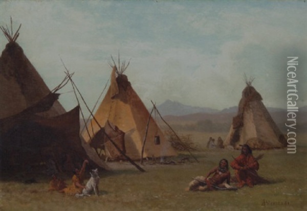 A Sioux Camp Near Laramie Peak Oil Painting - Albert Bierstadt