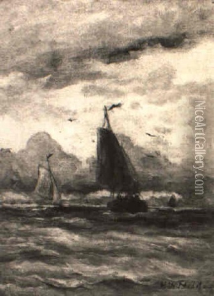 Sailing Vessels On A Choppy Sea Oil Painting - Hendrik Willem Mesdag