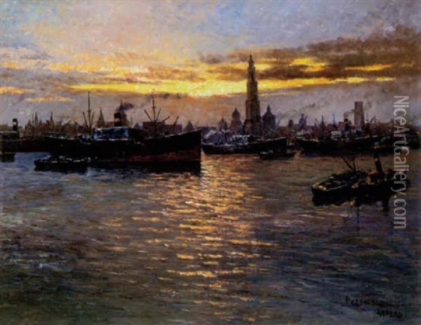 Abend Im Hafen Von Antwerpen Oil Painting - Frans van Genesen