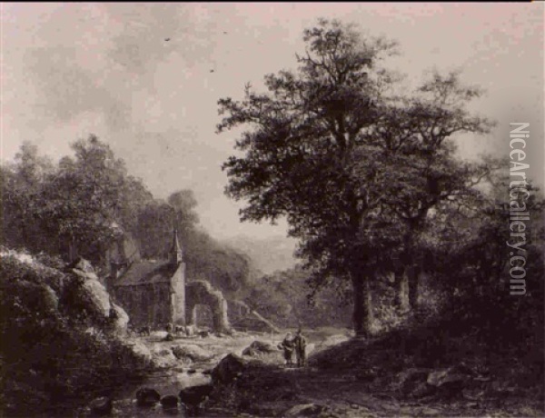 A Wooded Landscape With Figures By The Church Of Duffelward Oil Painting - Anna Van Sandick