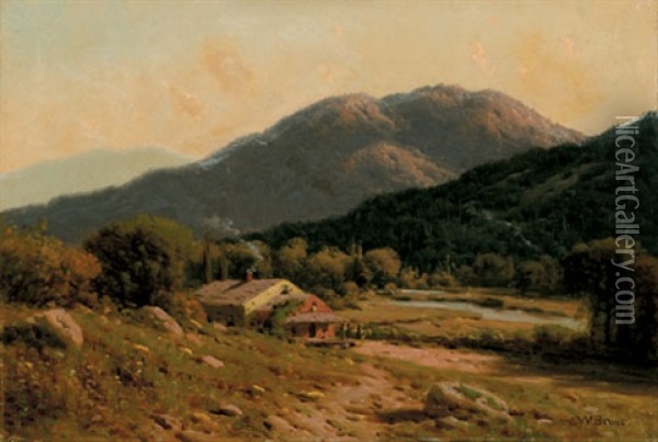 Figures By A Cottage In A Mountain Landscape Oil Painting - William Bruce