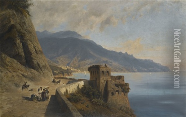 Italian Landscape With Figures, Possibly Sorrento Oil Painting - Hermann (August) Kruger