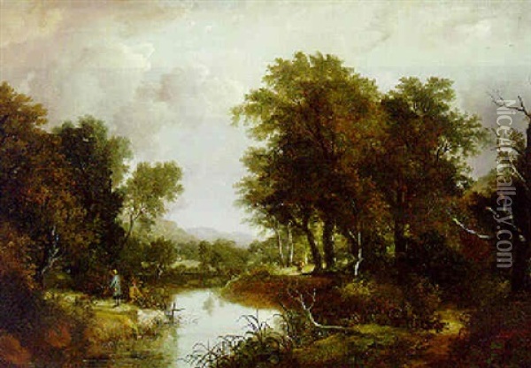 A Wooded Landscape With Figures Resting By A River Oil Painting - Patrick Nasmyth