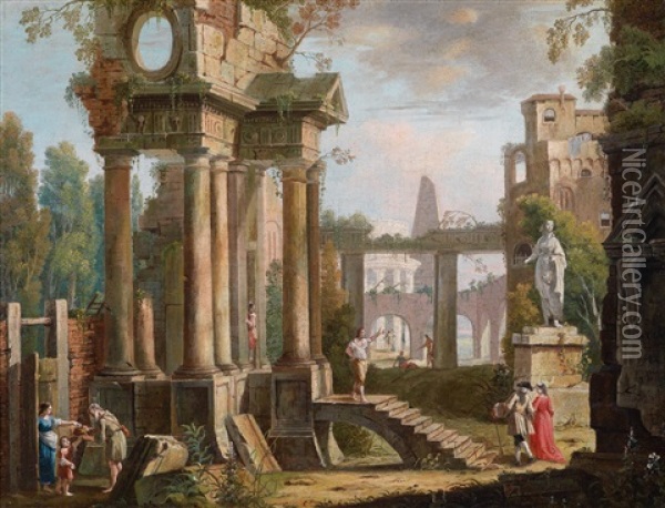 Ruinencapriccio Mit Figurlicher Staffage Oil Painting - Francesco Battaglioli