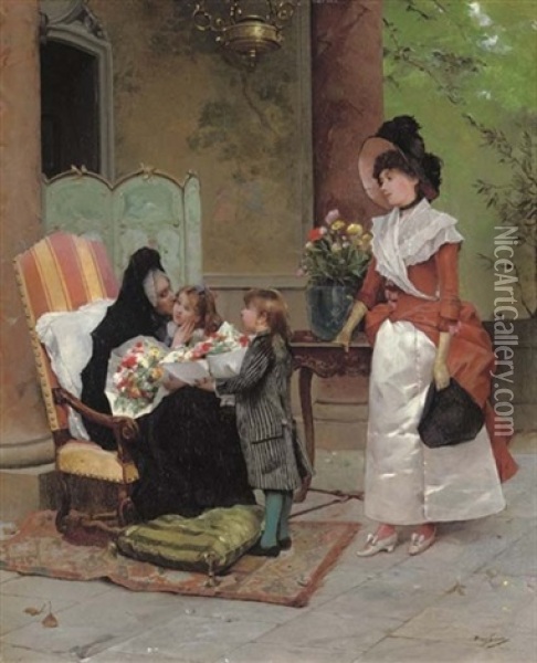 Flowers For Grandma Oil Painting - Emile Auguste Pinchart