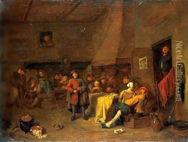 A Tavern Interior With A Pipe-Player And A Merry Company Carousing And Playing Cards Oil Painting - Egbert Jaspersz. van, the Elder Heemskerck