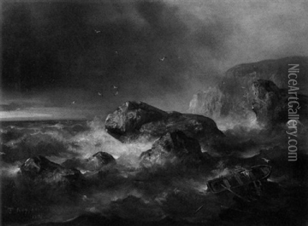 Schiffbruchiger Vor Sturmischer Felsenkuste Oil Painting - Theodor Koeppen