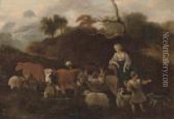 An Italianate Landscape With A Shepherd And Shepherdess And Their Cattle Oil Painting - Simon van der Does