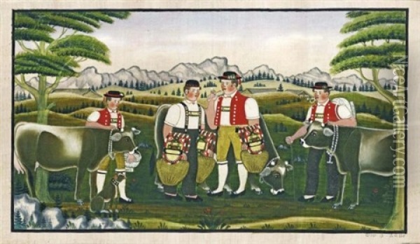 Vier Sennen, Zwei Beim Schellen Schutteln (four Senns, Two Ringing Bells) Oil Painting - Johannes Zuelle