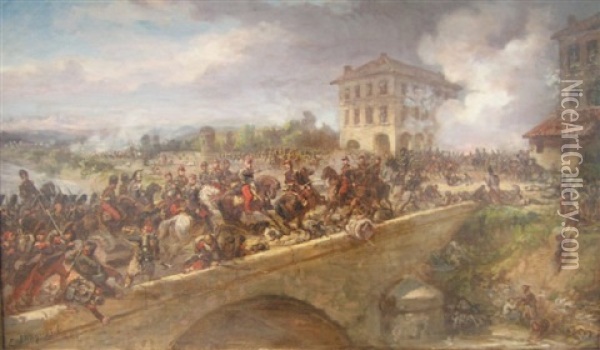 Le Passage Du Ponte Nuovo A La Bataille De Magenta oil painting  reproduction by Eugene Louis Charpentier 