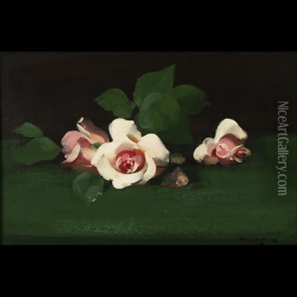 Pink Roses On A Green Ground Oil Painting - Stuart James Park