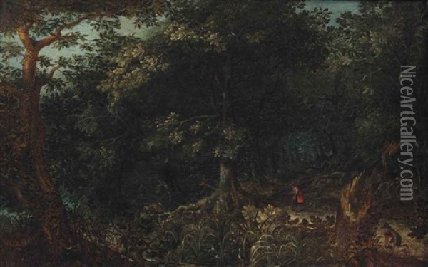 A Wooded Landscape With Hunters On A Path Oil Painting - Abraham Govaerts