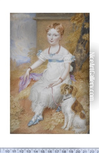 A Young Girl, Seated In A Landscape, Wearing White Decollete Dress With Blue Ribbon Sash, The Lead Of Her Spaniel In Her Left Hand Oil Painting - Walter Stephens Lethbridge