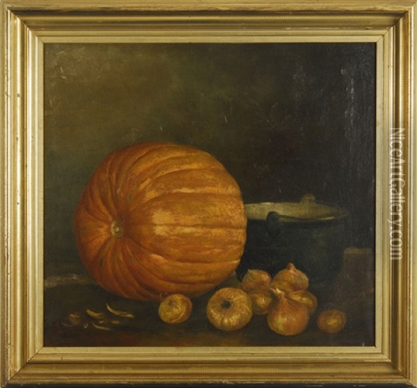 Still Life With Pumpkin, Onions And Cooking Pot Oil Painting - Albert Francis King