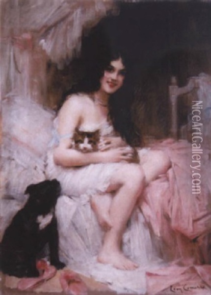 Femme Avec Son Chien Et Son Chat Oil Painting - Leon Francois Comerre