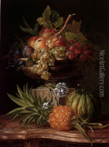 Still Life Of Peaches, Grapes And Plums In A Sculpted Urn. With A Pineapple And Melon Resting On A Marble Topped Commode Oil Painting - Willem van Leen