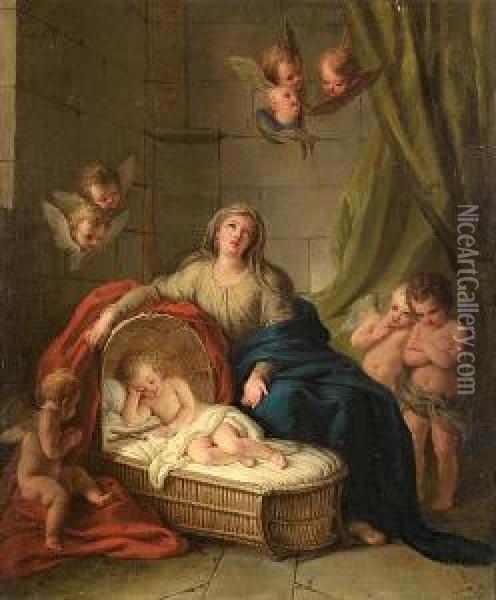 The Madonna And Child Surrounded By Putti Oil Painting - Charles-Antoine Coypel
