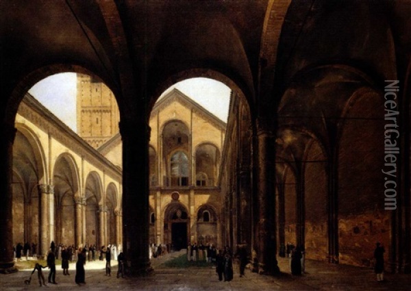 Il Quadriportico Della Basilica Di Sant' Ambrogio A Milano Oil Painting - Luigi Bisi