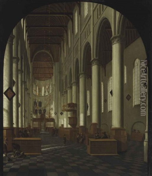 A View Of The Interior Of The New Church, Delft, In A Painted Arch Oil Painting - Hendrick Cornelisz van der Vliet