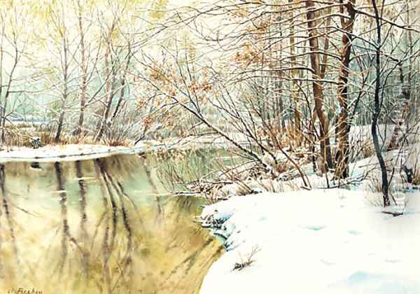 A snowy river landscape Oil Painting - Charles Frechon