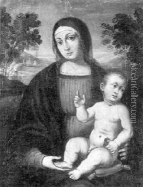Madonna Mit Kind Vor Landschaftshintergrund Oil Painting - Pietro Perugino