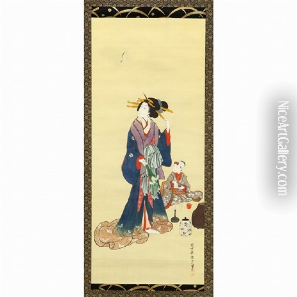 Cuculus Poliocephalus And Beauty Oil Painting - Utagawa Munehisa (Kunisada II)