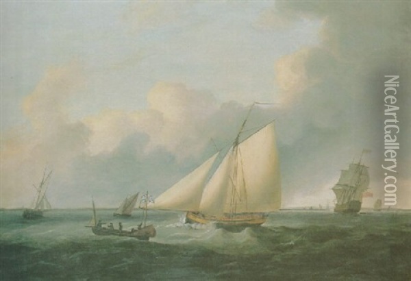 A Lugger, A Man O'war And Other Shipping Off A Coastline Oil Painting - Thomas Luny
