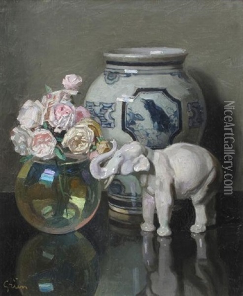 Still Life With Urn, Porcelain Elephant And Roses In A Glass Bowl Oil Painting - Jules Alexandre Gruen