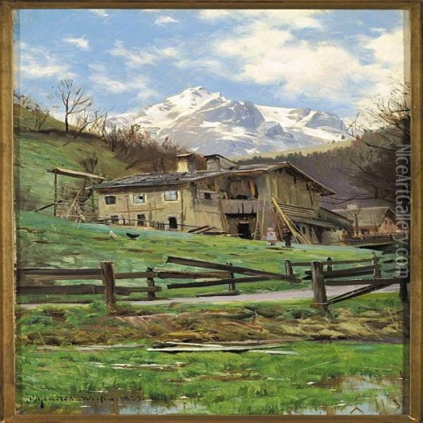 Alpine Landscape Withtwo Children Oil Painting - Peder Mork Monsted