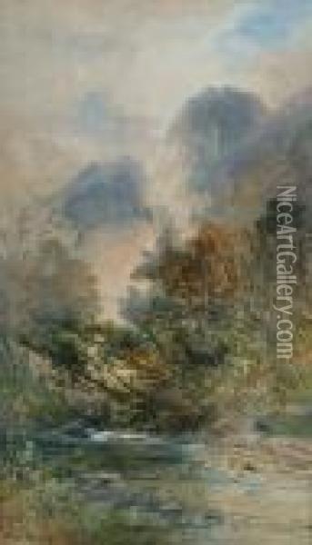 River Beneath Hills Oil Painting - William Widgery