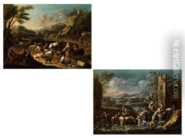 Hirten Mit Vieh In Felsiger Landschaft (+ Hirten Mit Vieh In Landschaft Mit Flusslauf Und Ruine ; Pair) Oil Painting - Cajetan Roos