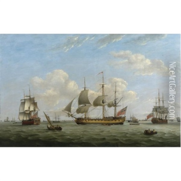 Men-of-war Hms "maria Anna", "earl Of Chatham" And "achilles" Off A Coastal Town Oil Painting - Thomas Luny