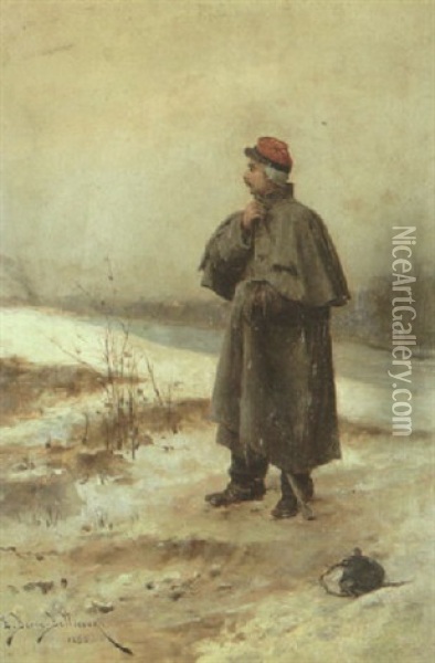 A Lone Infantry Soldier In A Winter Landscape Oil Painting - Etienne Prosper Berne-Bellecour